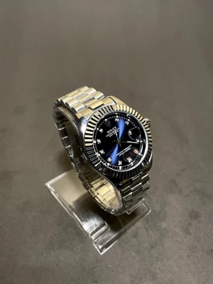 Timora Classic Blue Dial Stainless Steel Watch for Men with Date Display and Fluted Beze